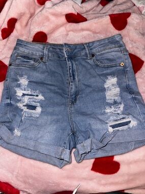Wax Jean Light Blue Distressed Roll-Cuff Denim Shorts